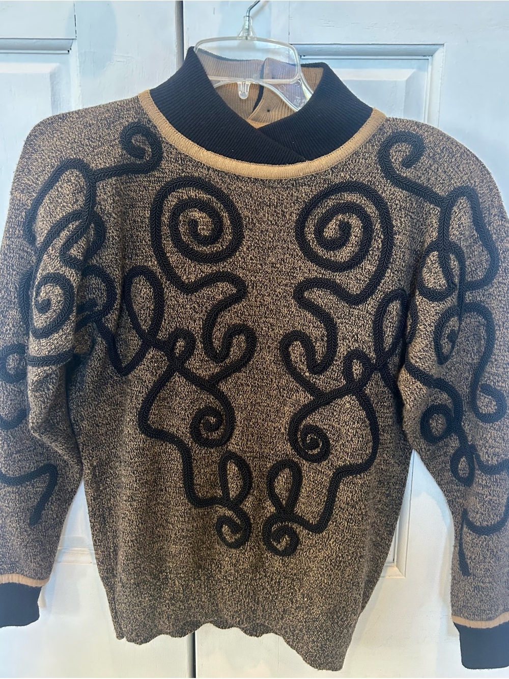Vintage with shoulder pads! JEANNE PIERRE Tan Sweater with Black Scroll Motif